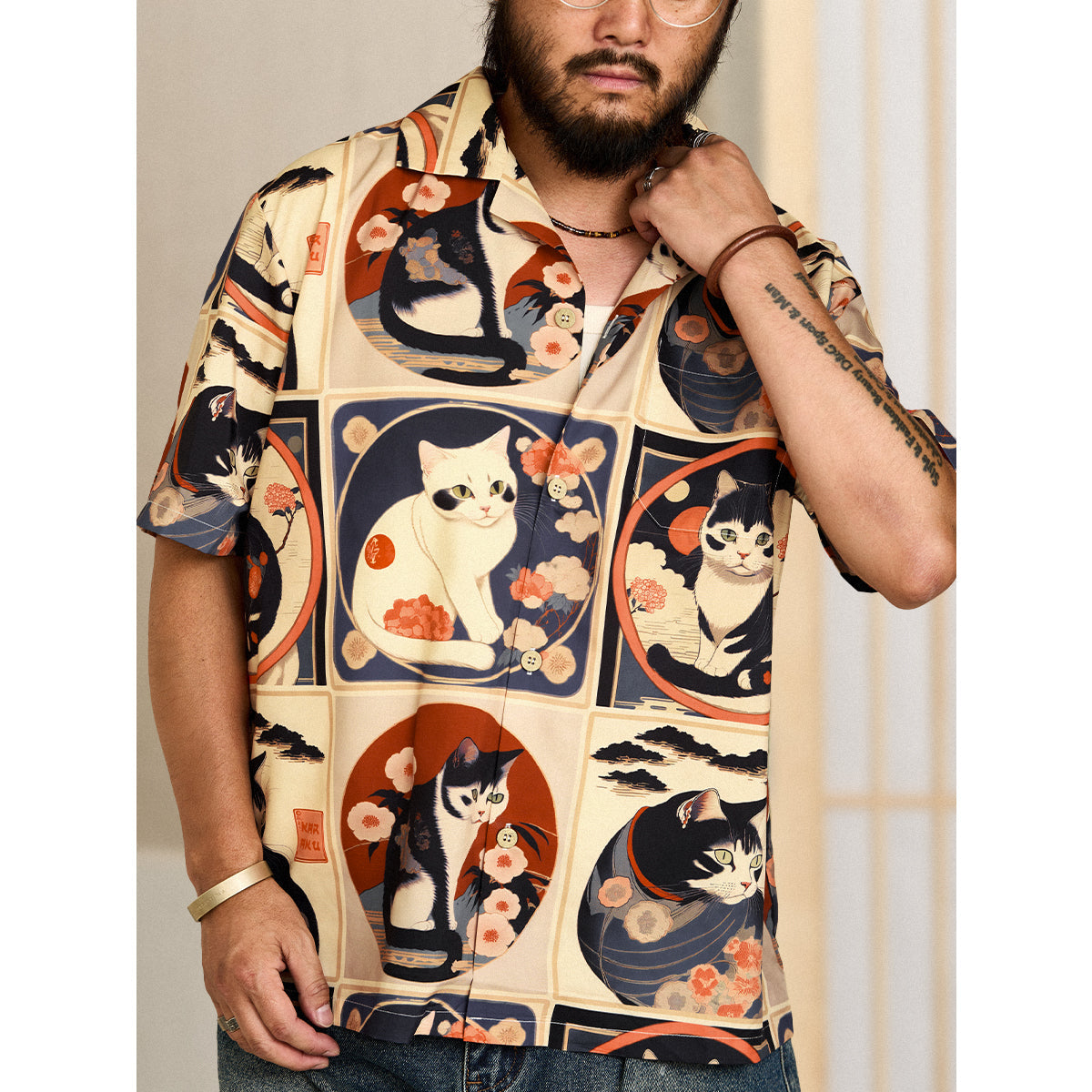 Meiji Era Cat Pattern Ukiyo-E Style Shirt