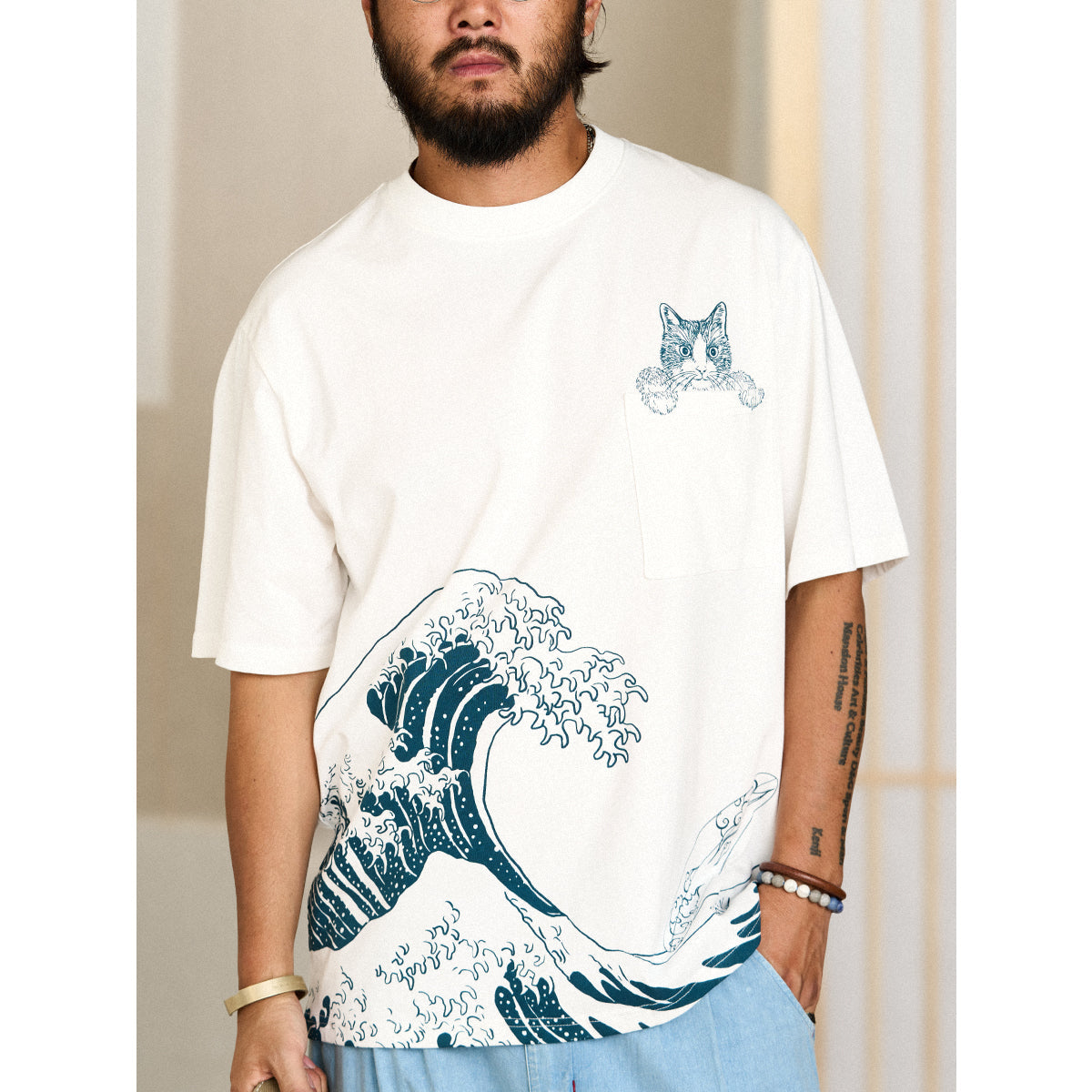 Cat Pocket Ukiyo-e Print Cotton T-Shirt