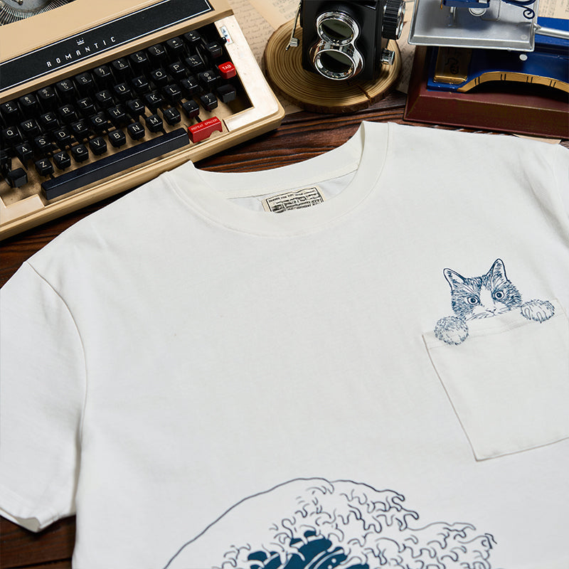 Cat Pocket Ukiyo-e Print Cotton T-Shirt