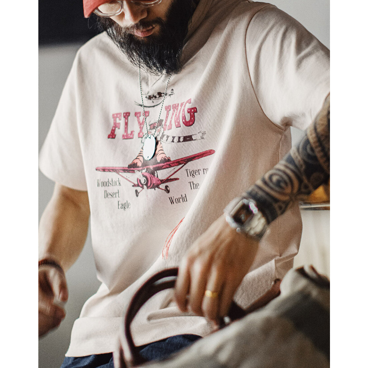 Ace Flying Tiger American Casual Print & Embroidery V-Neck Short Sleeve Tee