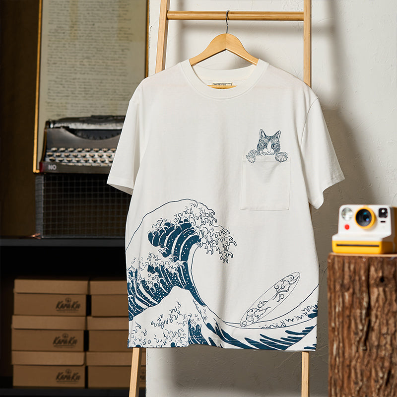 Cat Pocket Ukiyo-e Print Cotton T-Shirt