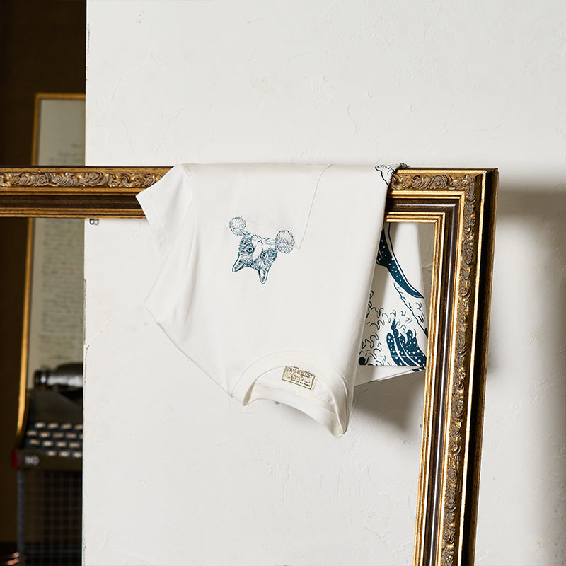 Cat Pocket Ukiyo-e Print Cotton T-Shirt