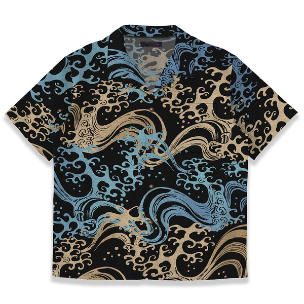 Ukiyo-E Wave Pattern Open Collar Shirt