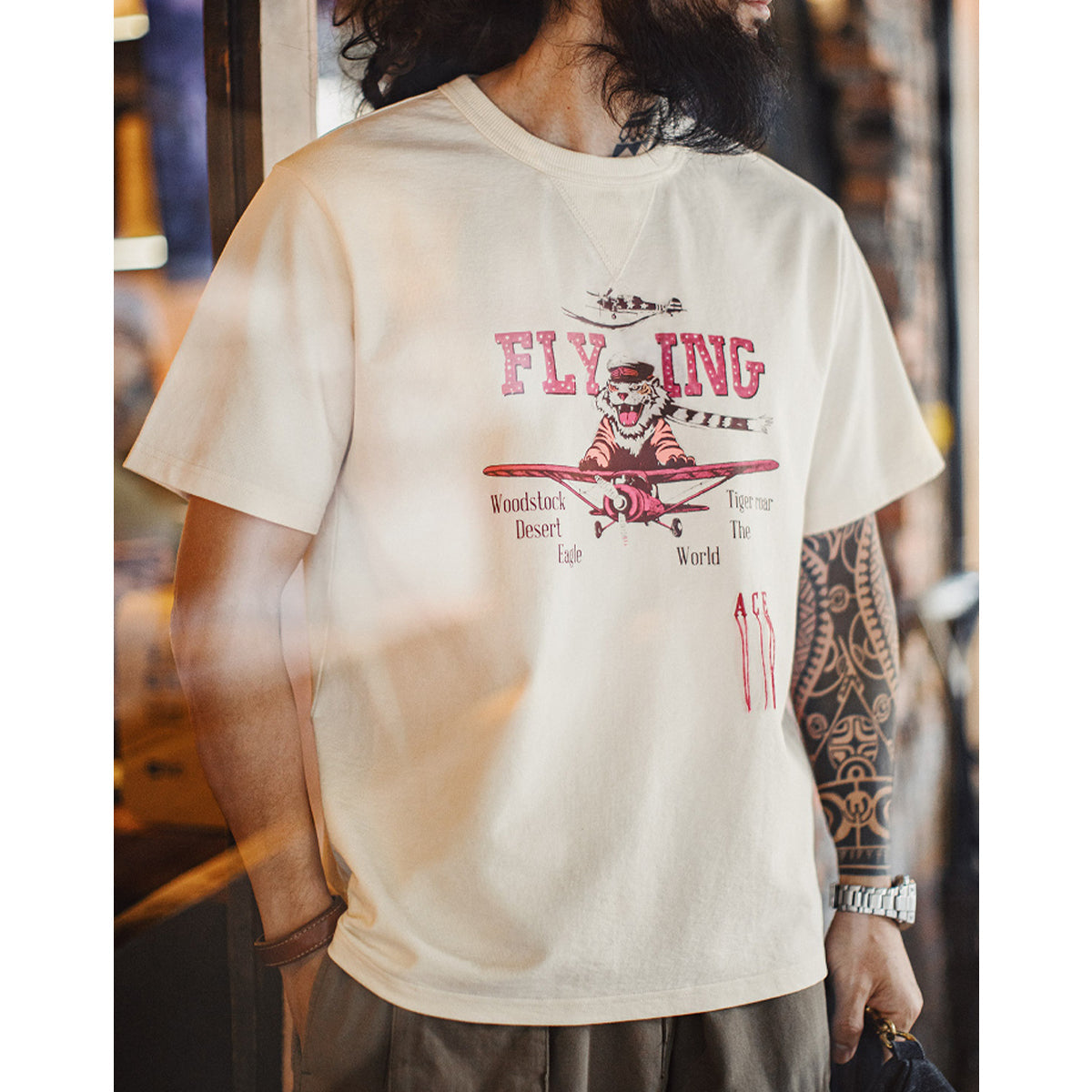 Ace Flying Tiger American Casual Print & Embroidery V-Neck Short Sleeve Tee