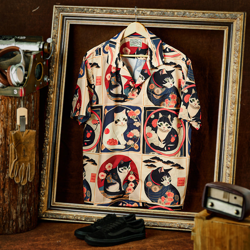 Meiji Era Cat Pattern Ukiyo-E Style Shirt