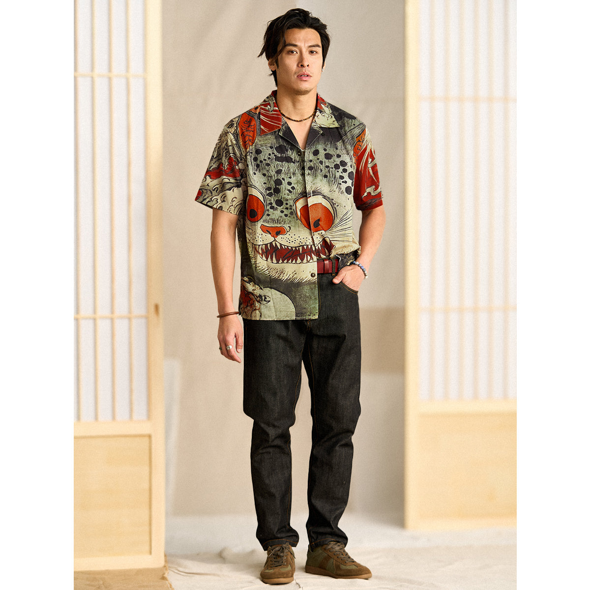 Folklore Bakeneko Ukiyo-E Style Open Collar Shirt