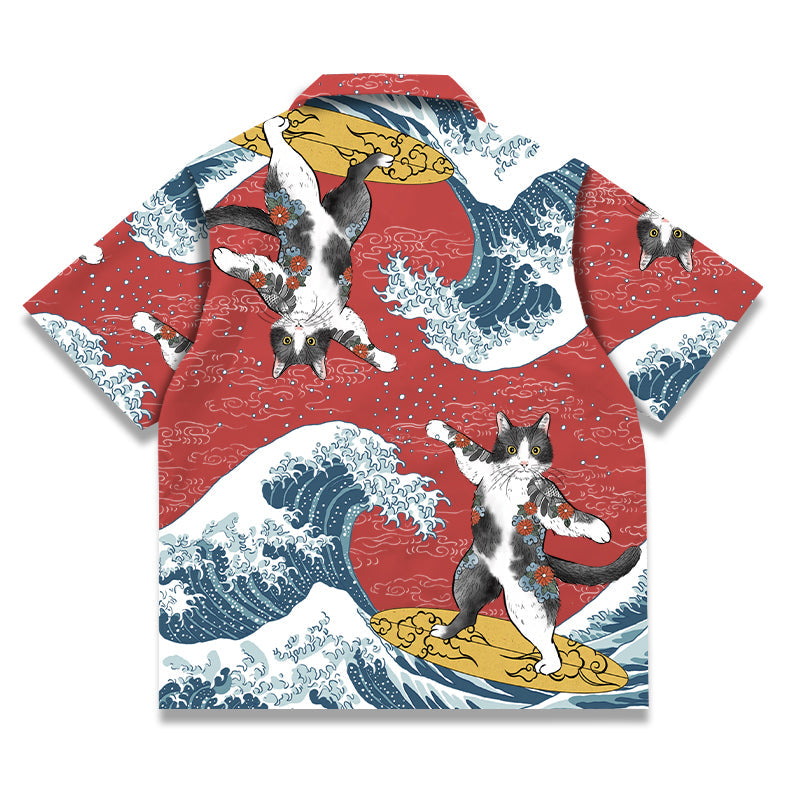 Art Tattoo Cat Surfing Aloha Shirt