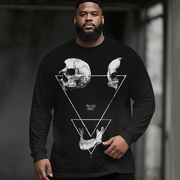 Falling Apart Dark Geometric Skull Plus Size Men's Long Sleeve Round Neck Top