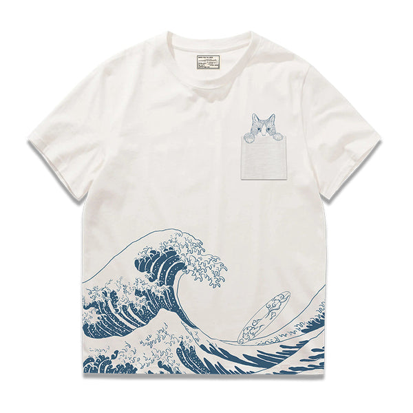 Cat Pocket Ukiyo-e Print Cotton T-Shirt