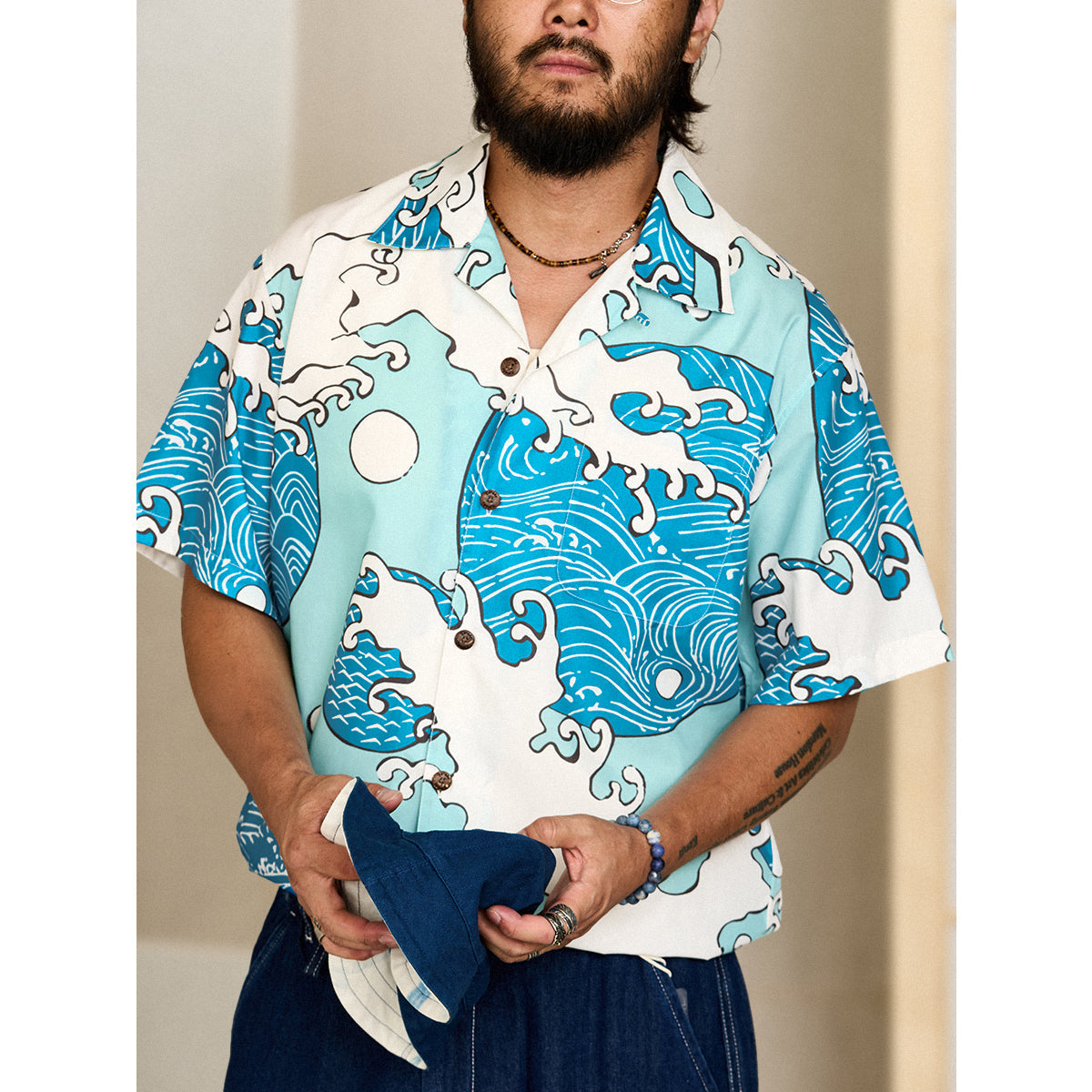 Blue Waves Ukiyo-E Style Print Short-Sleeved Open-Collar Shirt