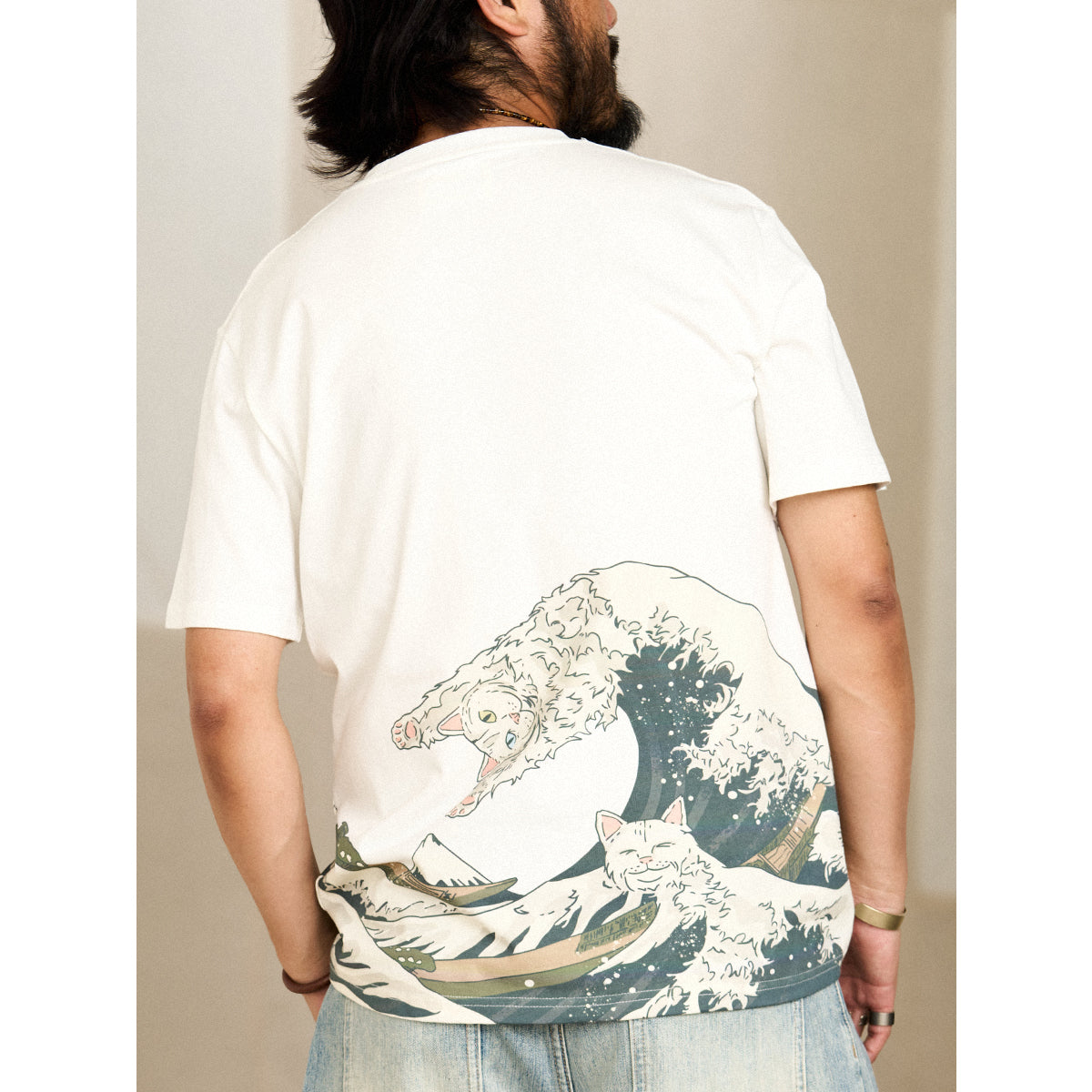 The Great Wave Off Kanagawa And Surfing Cat Ukiyo-E Style Cotton Tee
