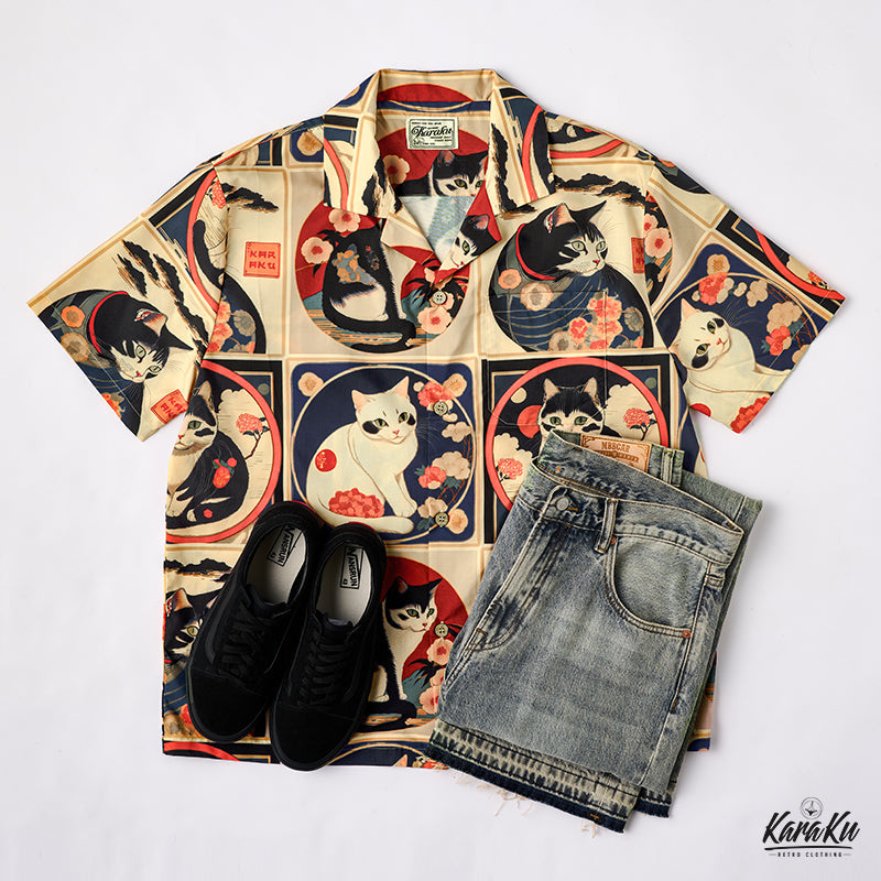 Meiji Era Cat Pattern Ukiyo-E Style Shirt