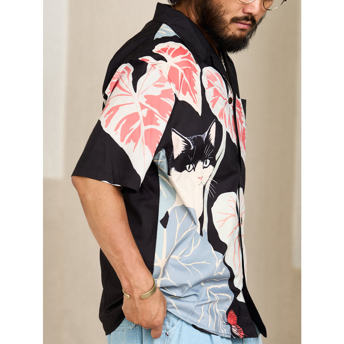 Cat Hiding In The Shade Digital Print Open Collar Shirt