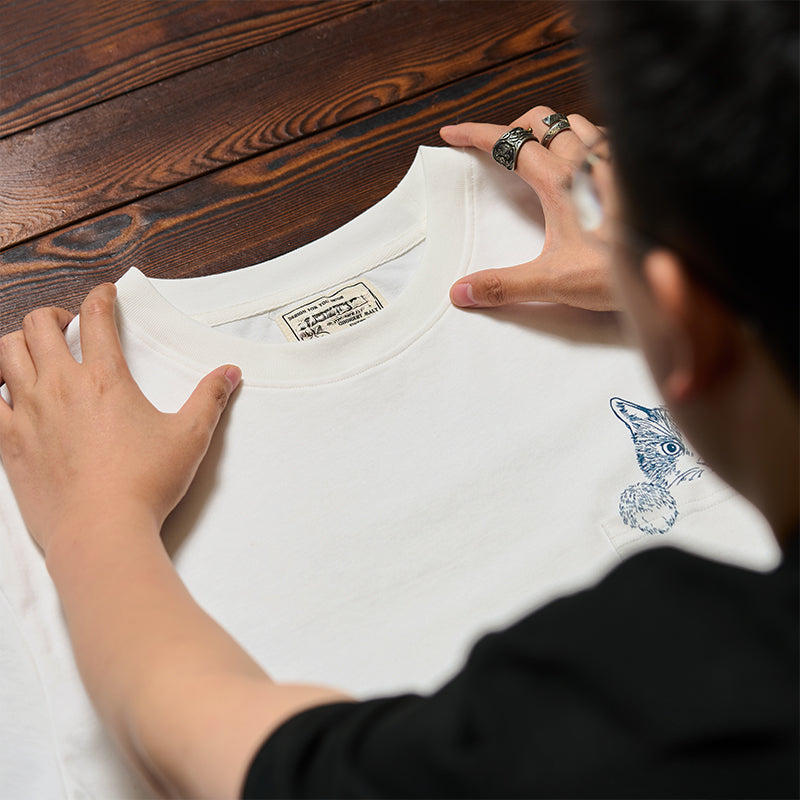 Cat Pocket Ukiyo-e Print Cotton T-Shirt
