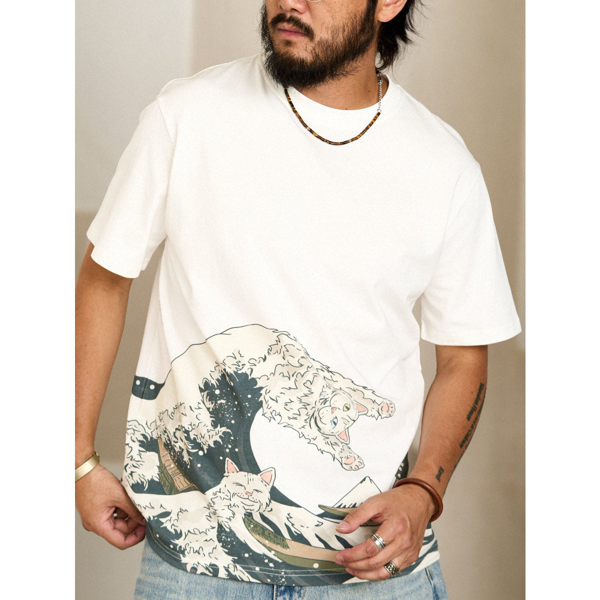 The Great Wave Off Kanagawa And Surfing Cat Ukiyo-E Style Cotton Tee