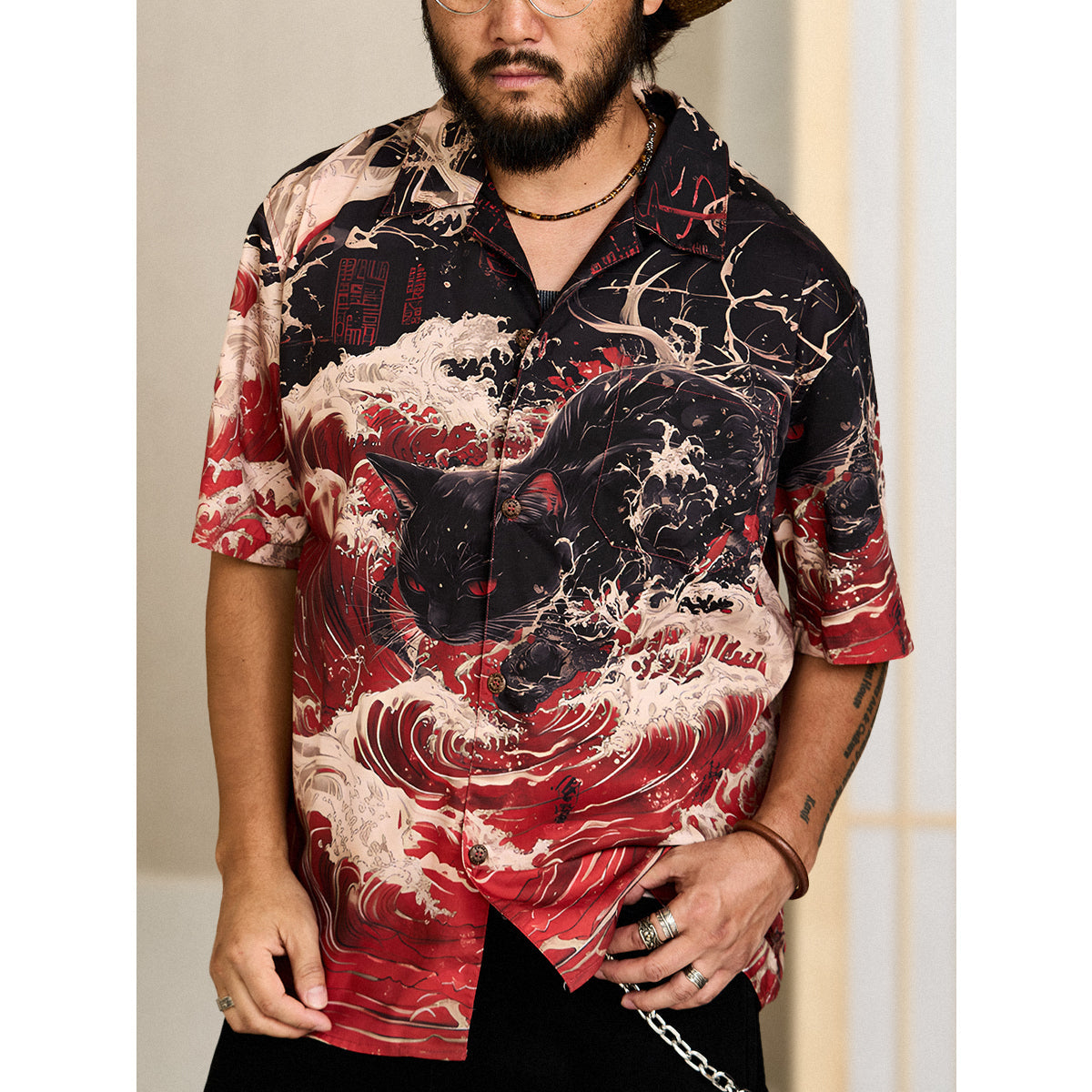 Red Wave Shadow Cat Ukiyo-E Style Print Open Collar Shirt
