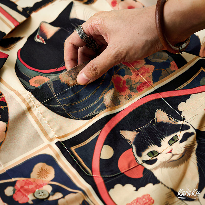 Meiji Era Cat Pattern Ukiyo-E Style Shirt