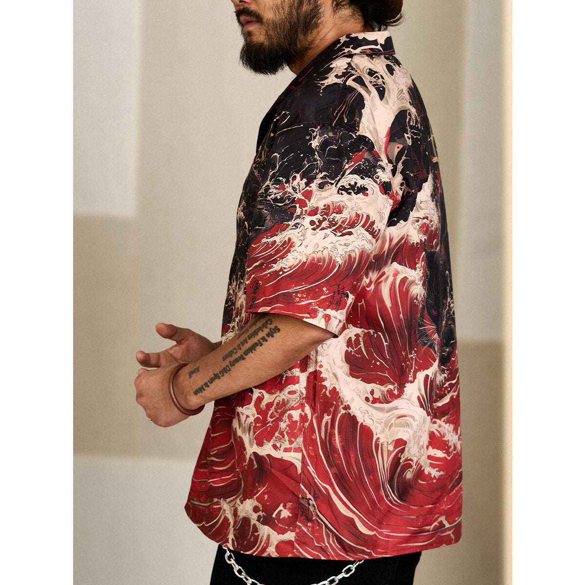 Red Wave Shadow Cat Ukiyo-E Style Print Open Collar Shirt