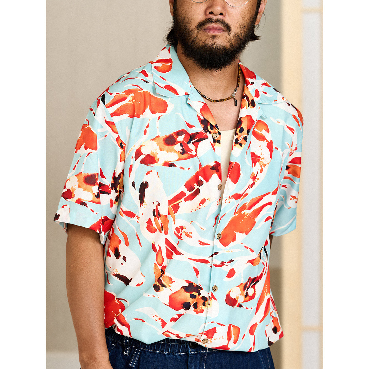 Nishikigoi Pattern Open Collar Shirt
