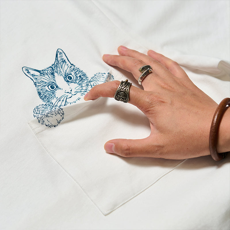 Cat Pocket Ukiyo-e Print Cotton T-Shirt