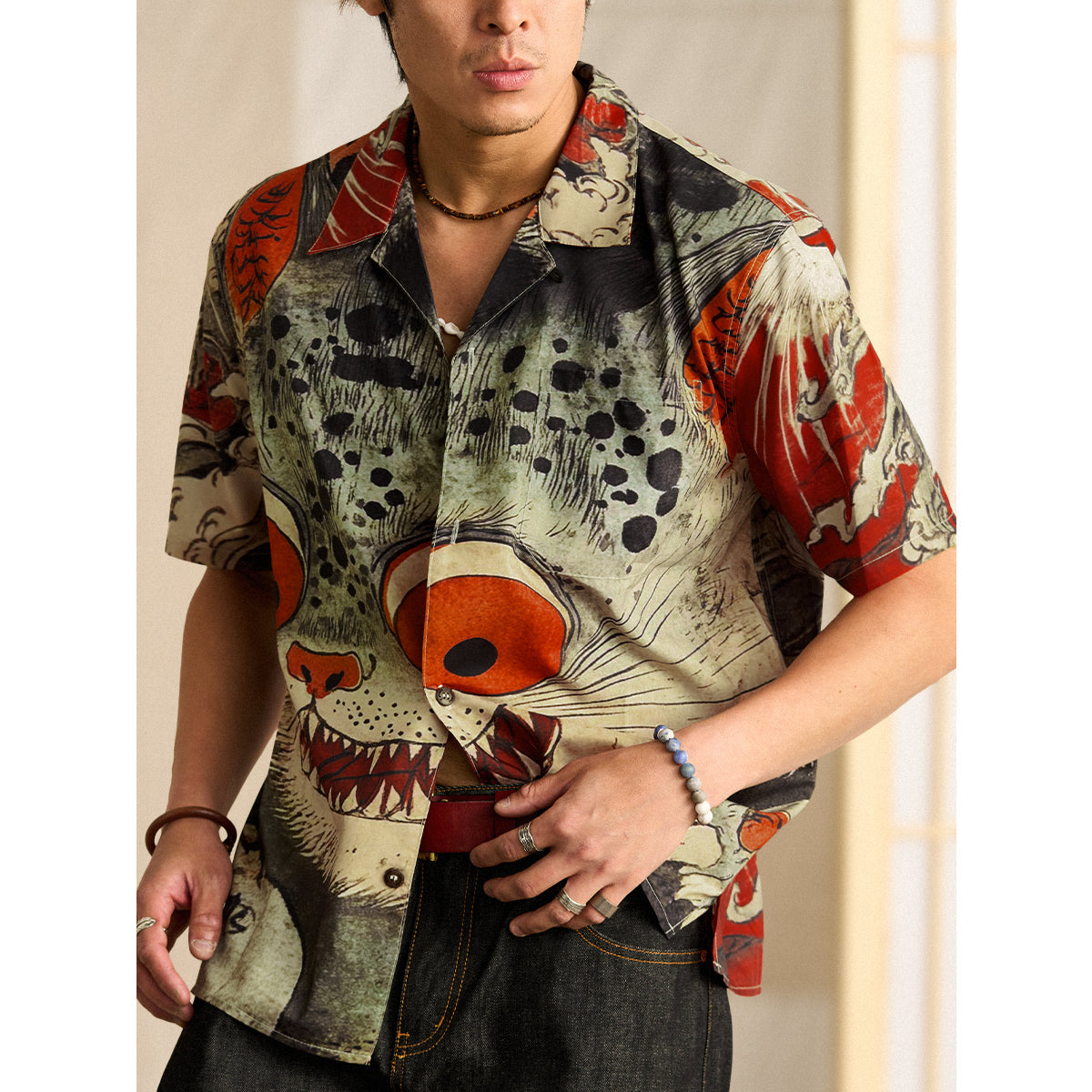 Folklore Bakeneko Ukiyo-E Style Open Collar Shirt