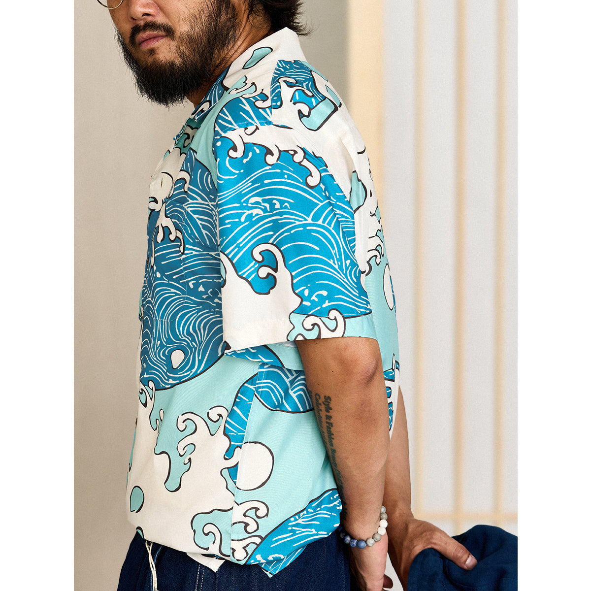 Blue Waves Ukiyo-E Style Print Short-Sleeved Open-Collar Shirt
