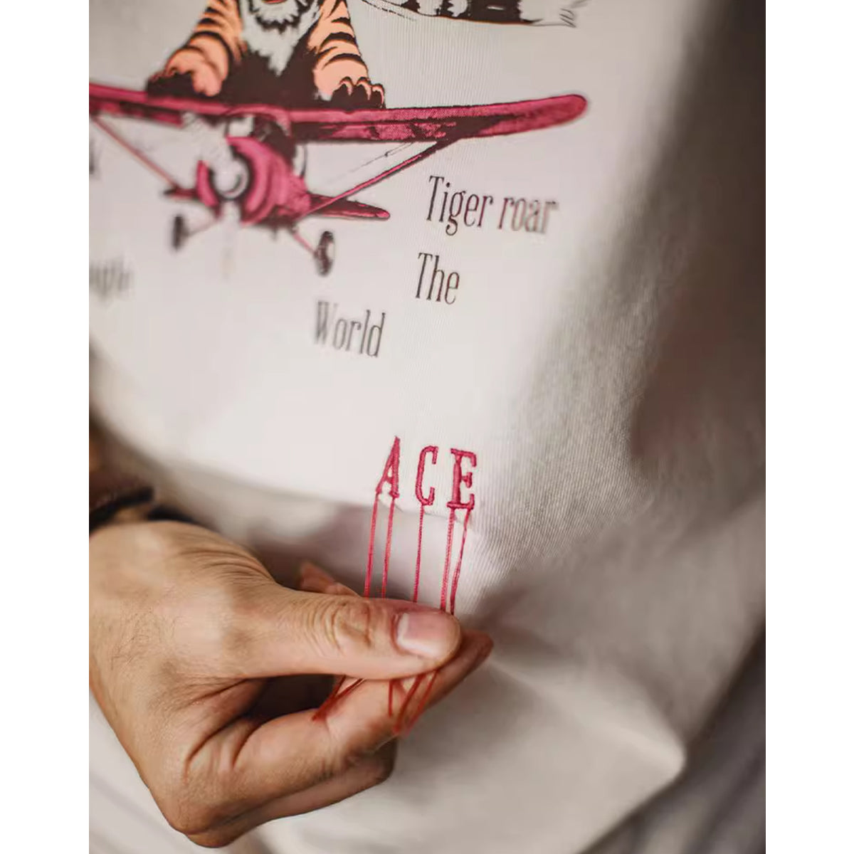 Ace Flying Tiger American Casual Print & Embroidery V-Neck Short Sleeve Tee