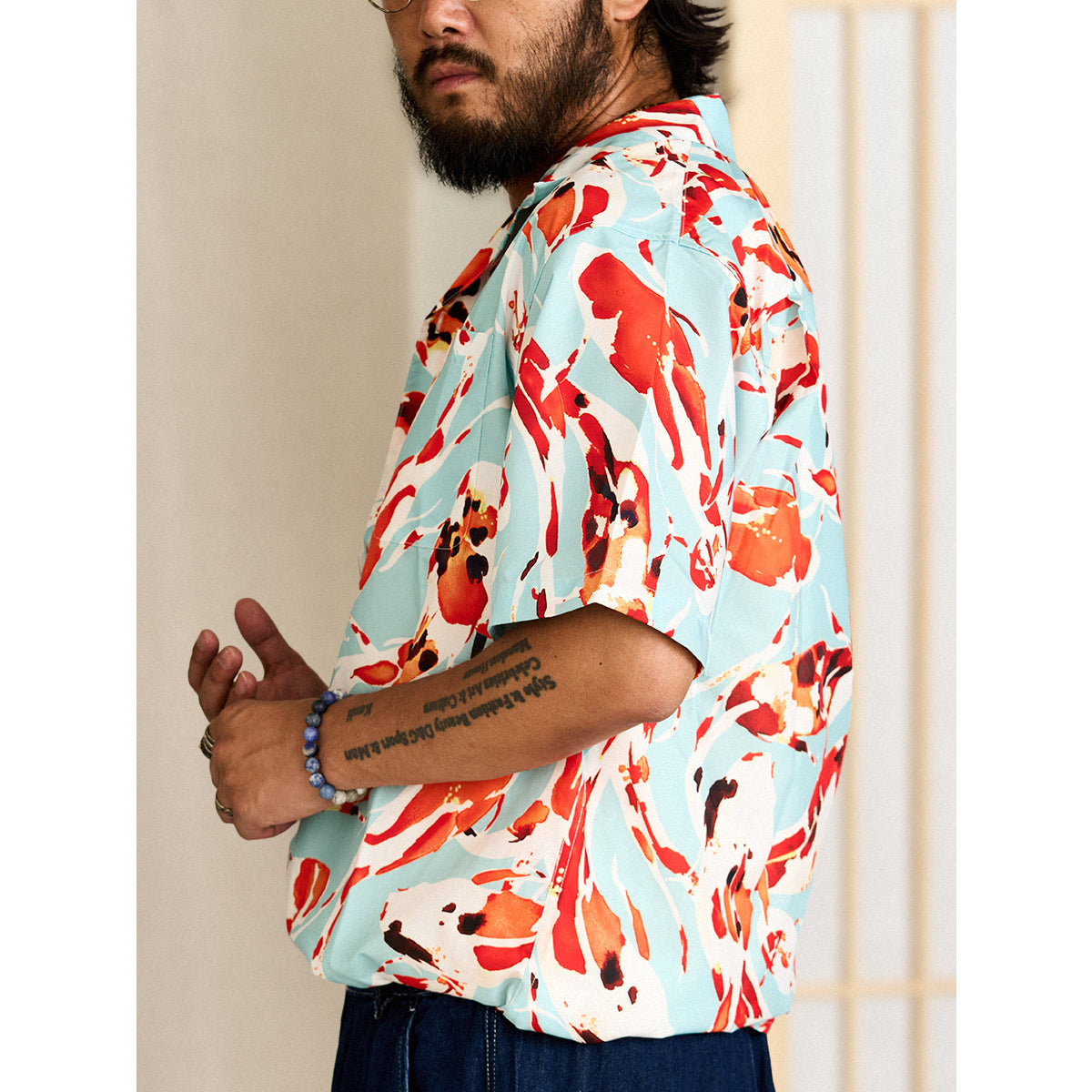 Nishikigoi Pattern Open Collar Shirt