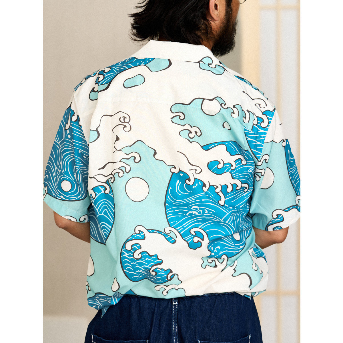 Blue Waves Ukiyo-E Style Print Short-Sleeved Open-Collar Shirt