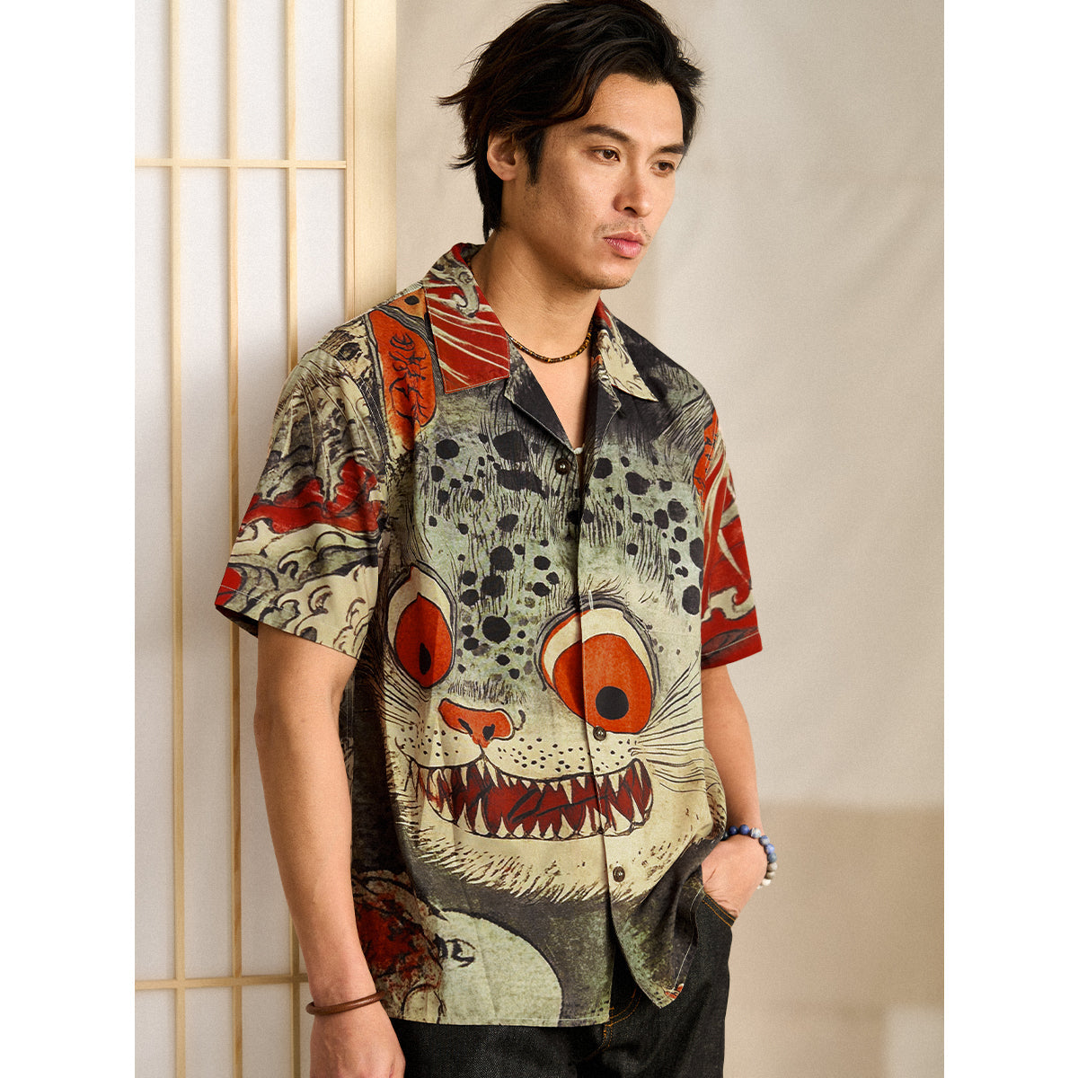 Folklore Bakeneko Ukiyo-E Style Open Collar Shirt