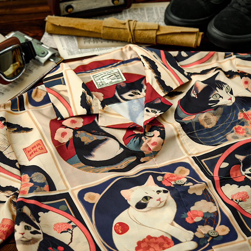 Meiji Era Cat Pattern Ukiyo-E Style Shirt