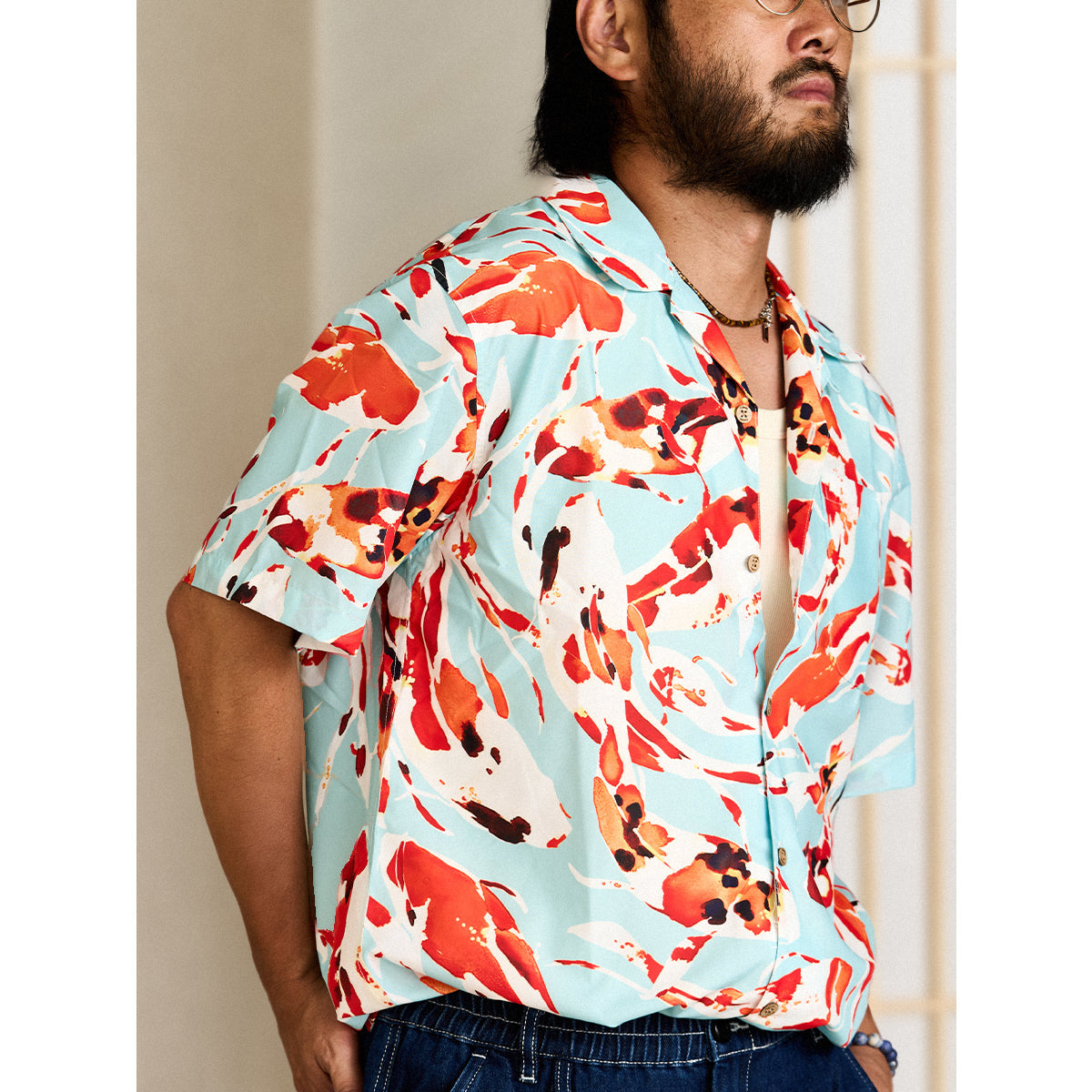 Nishikigoi Pattern Open Collar Shirt