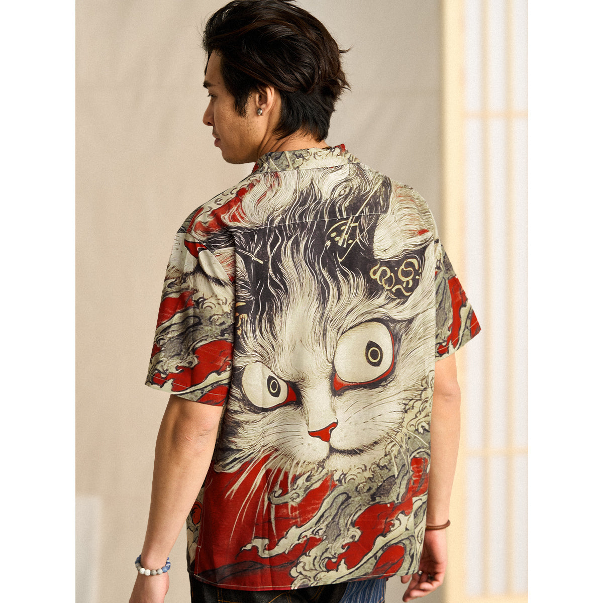 Folklore Bakeneko Ukiyo-E Style Open Collar Shirt