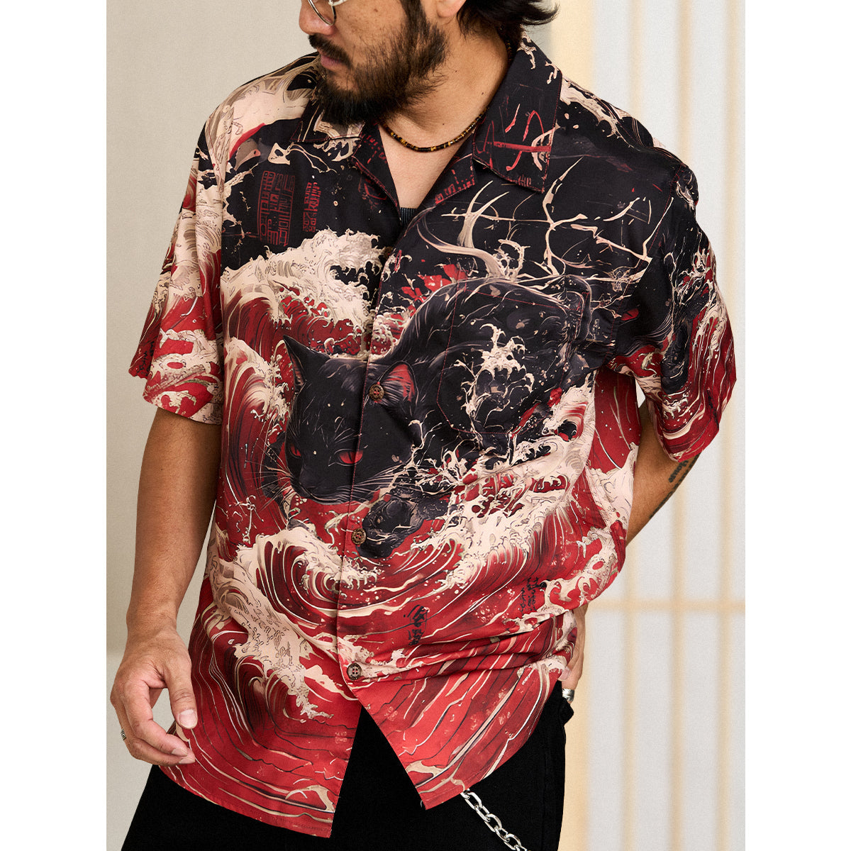 Red Wave Shadow Cat Ukiyo-E Style Print Open Collar Shirt