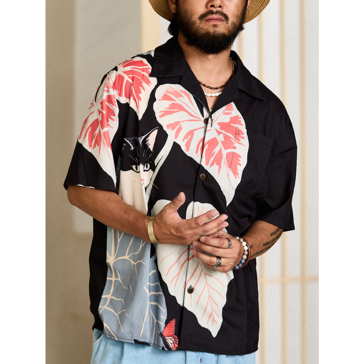 Cat Hiding In The Shade Digital Print Open Collar Shirt