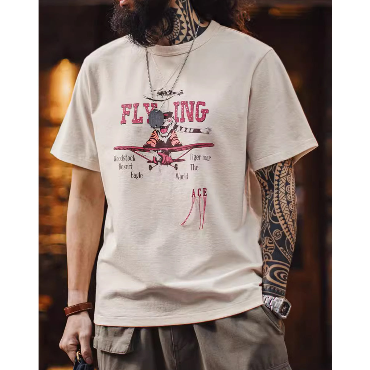 Ace Flying Tiger American Casual Print & Embroidery V-Neck Short Sleeve Tee