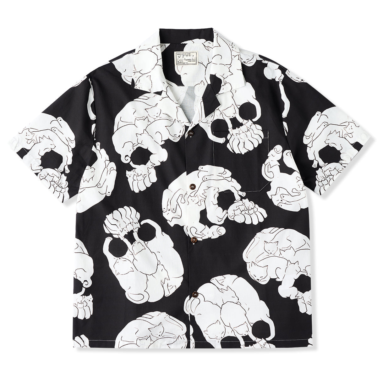 Cat And Skull Ukiyo-E Style Printed Cotton Linen Aloha Shirt