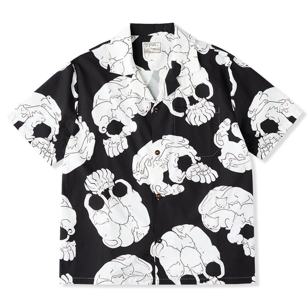 Cat And Skull Ukiyo-E Style Printed Cotton Linen Aloha Shirt