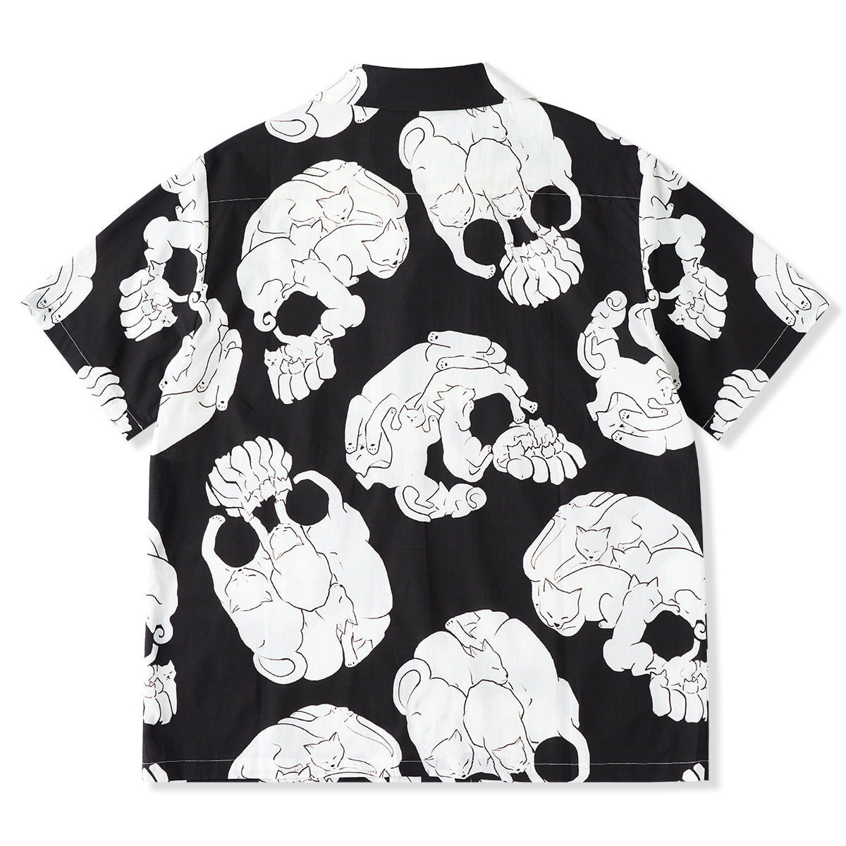 Cat And Skull Ukiyo-E Style Printed Cotton Linen Aloha Shirt