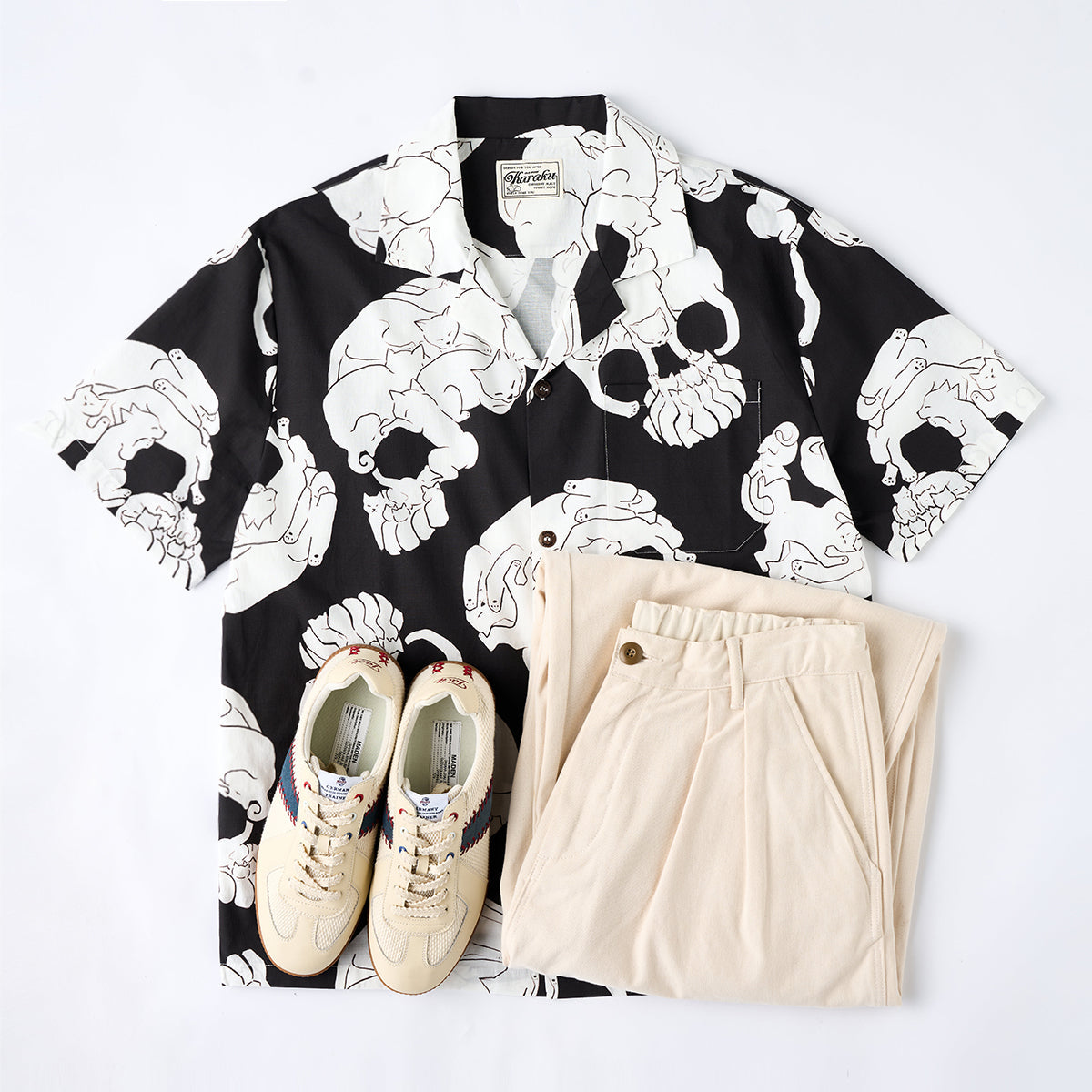 Cat And Skull Ukiyo-E Style Printed Cotton Linen Aloha Shirt