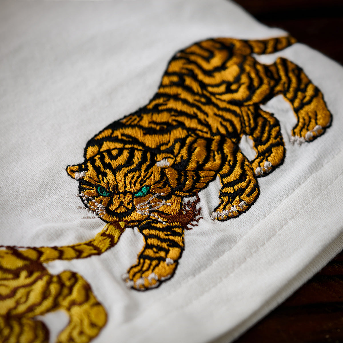 Tigers Biting Their Tail Sleeve Embroidery Cotton Tee