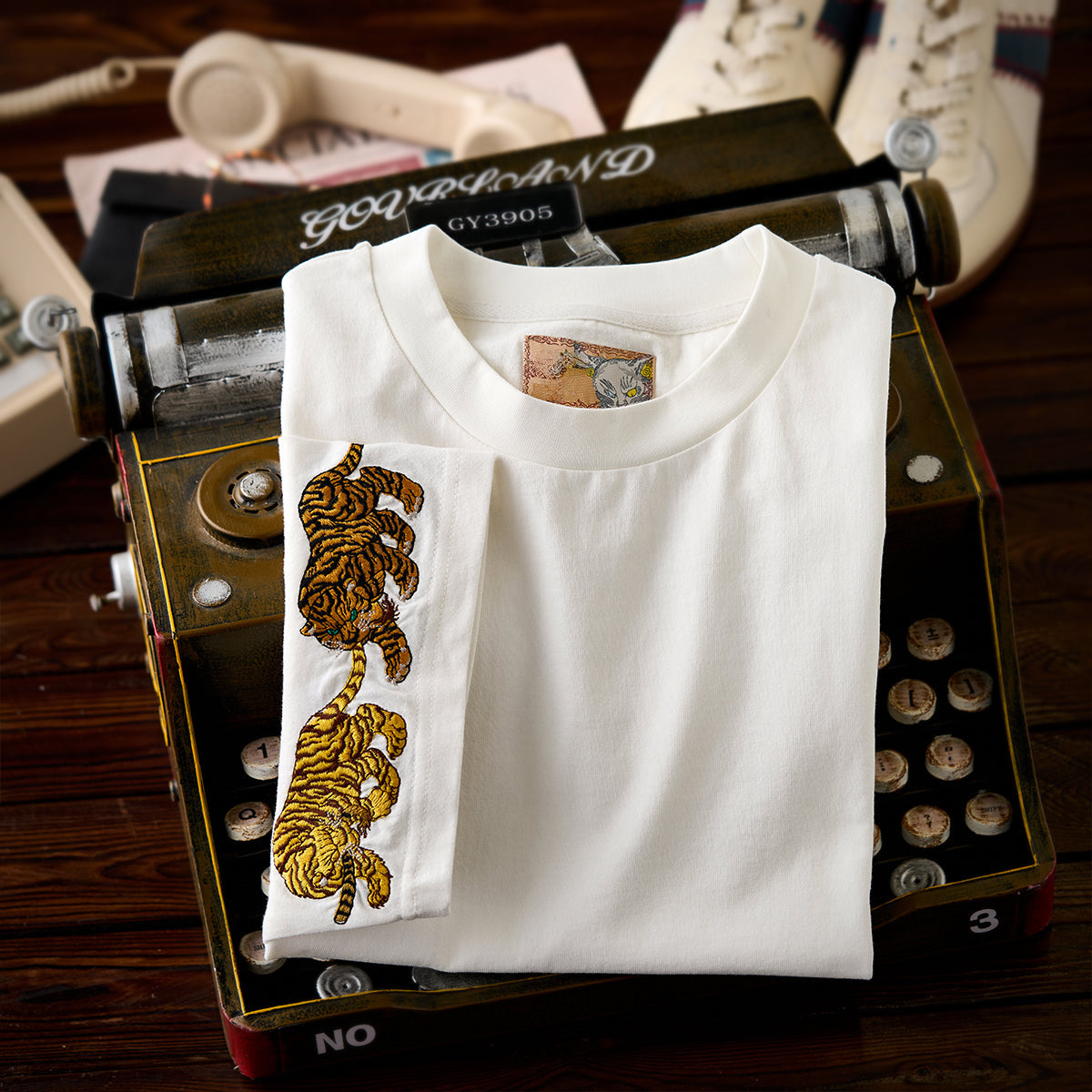Tigers Biting Their Tail Sleeve Embroidery Cotton Tee
