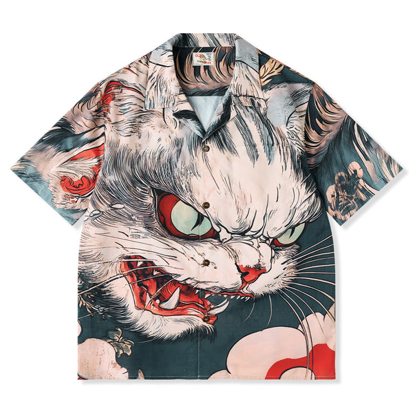 Folklore Rekko No Nekomata Ukiyo-E Style Front And Back Asymmetrical Print Open Collar Shirt