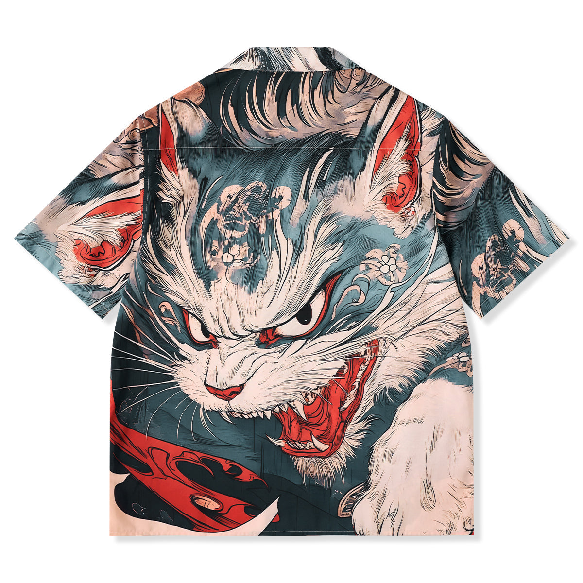 Folklore Rekko No Nekomata Ukiyo-E Style Front And Back Asymmetrical Print Open Collar Shirt