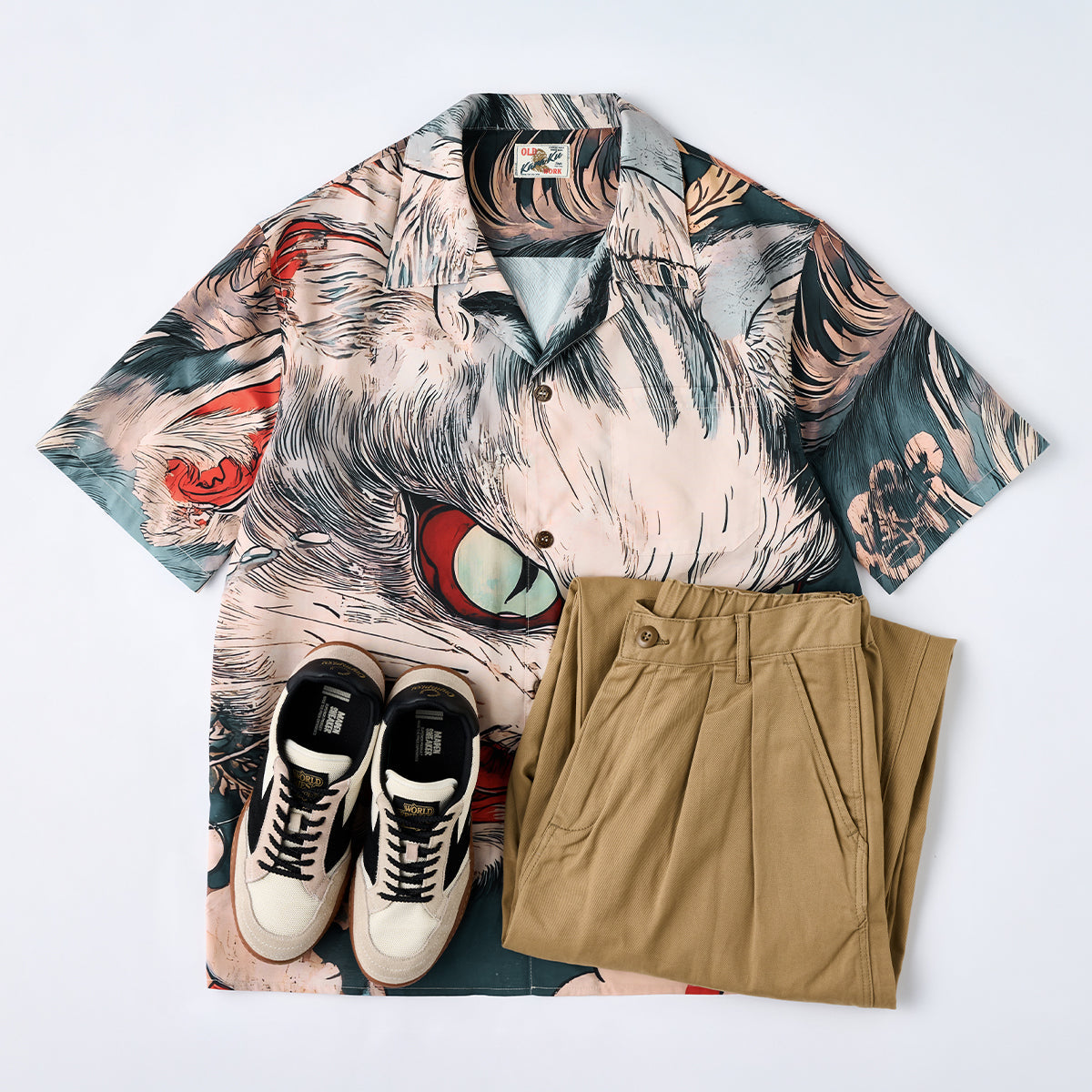 Folklore Rekko No Nekomata Ukiyo-E Style Front And Back Asymmetrical Print Open Collar Shirt