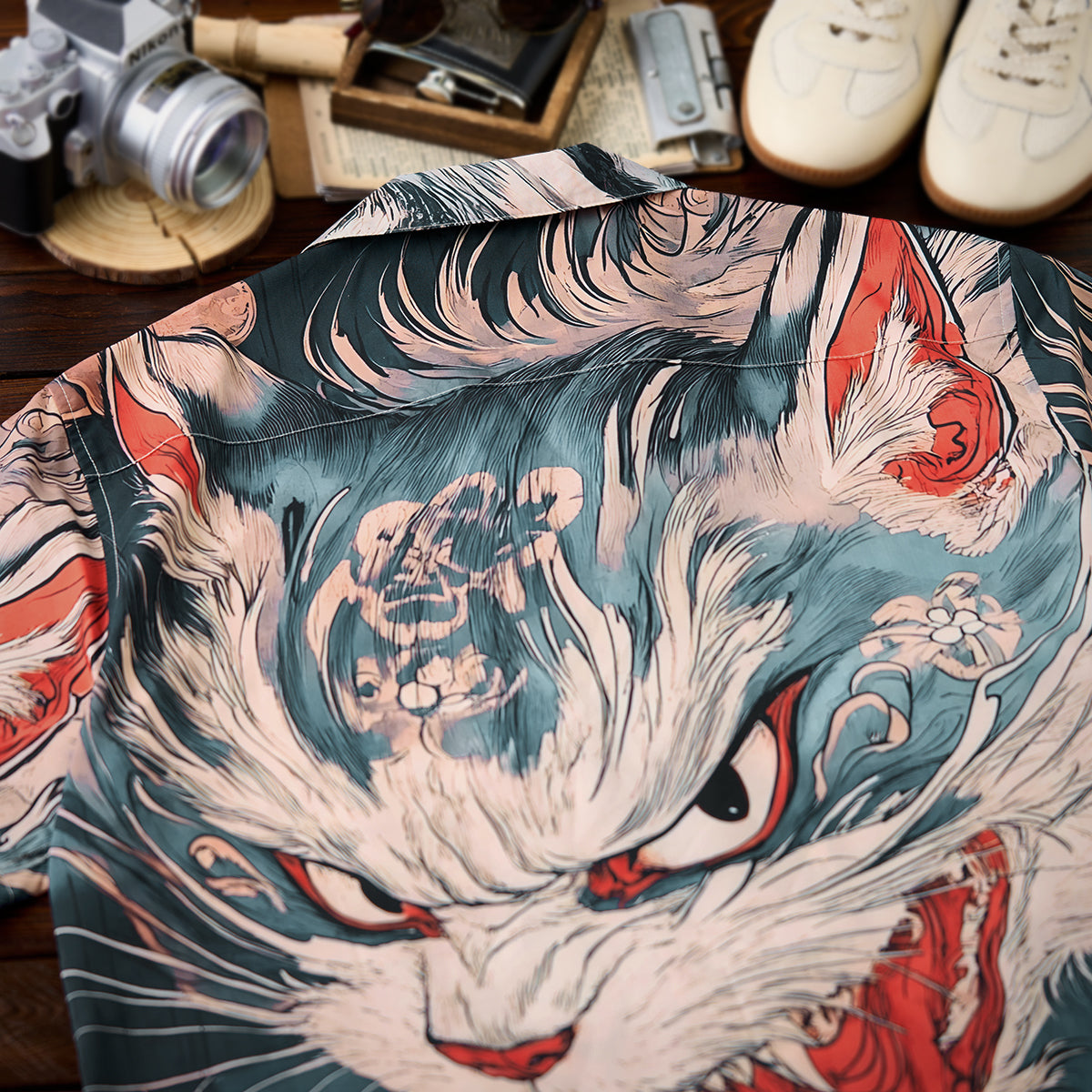 Folklore Rekko No Nekomata Ukiyo-E Style Front And Back Asymmetrical Print Open Collar Shirt