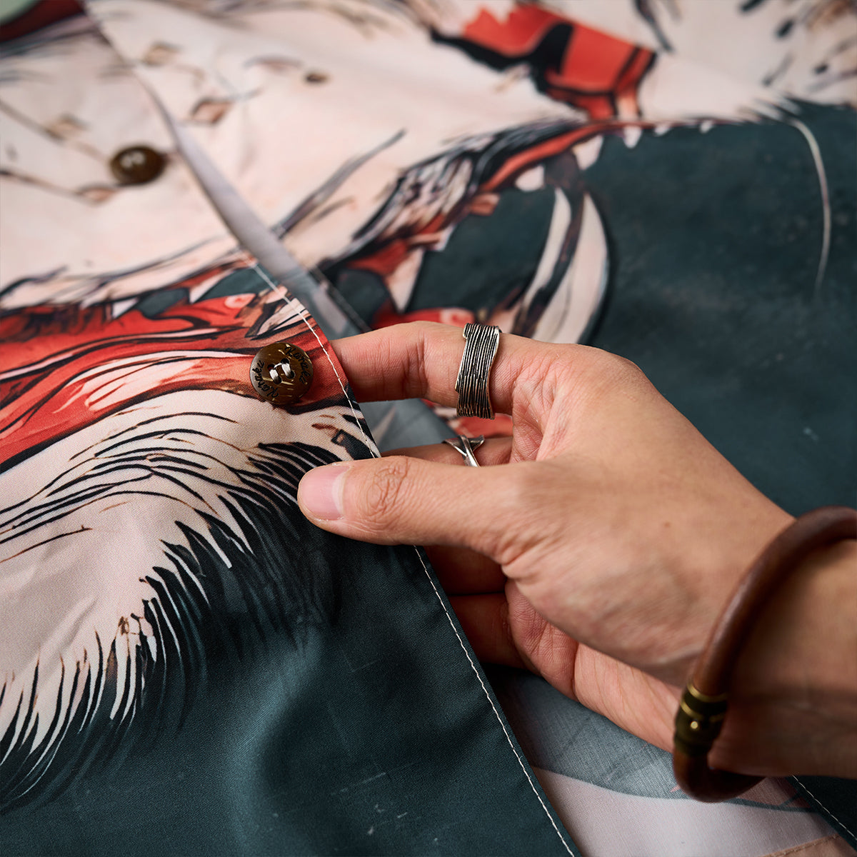 Folklore Rekko No Nekomata Ukiyo-E Style Front And Back Asymmetrical Print Open Collar Shirt
