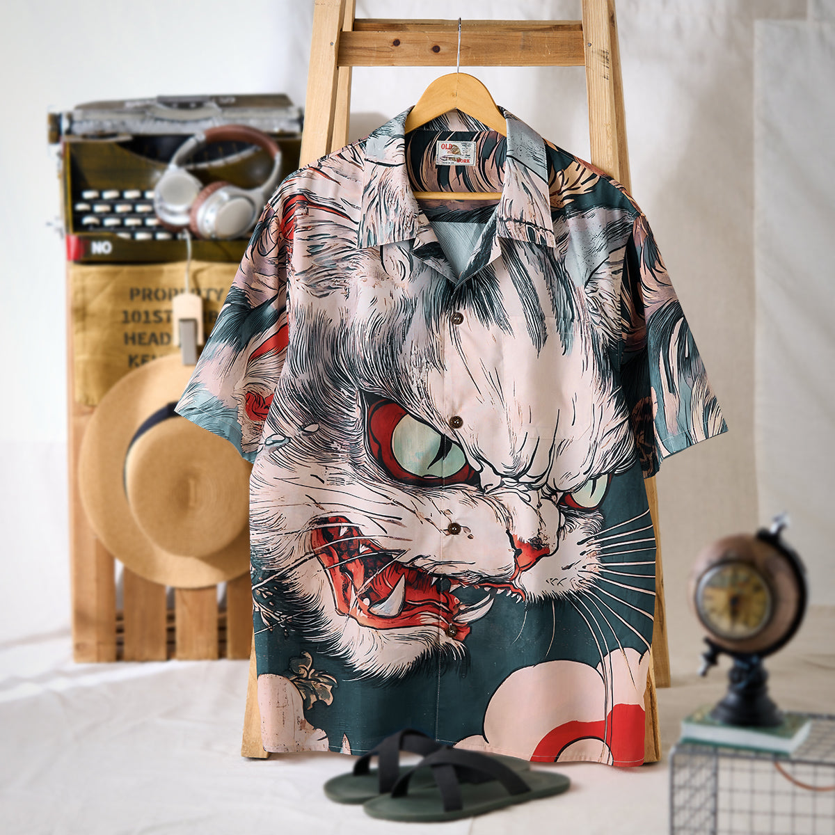 Folklore Rekko No Nekomata Ukiyo-E Style Front And Back Asymmetrical Print Open Collar Shirt