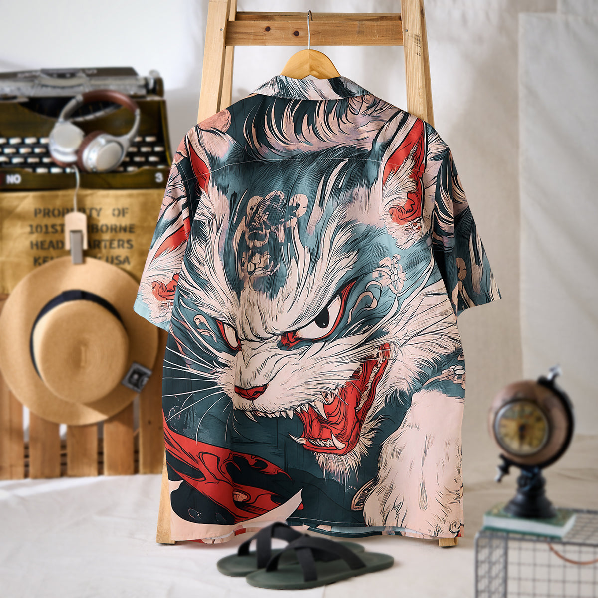 Folklore Rekko No Nekomata Ukiyo-E Style Front And Back Asymmetrical Print Open Collar Shirt