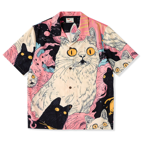 Cat Fantasy Universe Front And Back Asymmetrical Print Open Collar Shirt